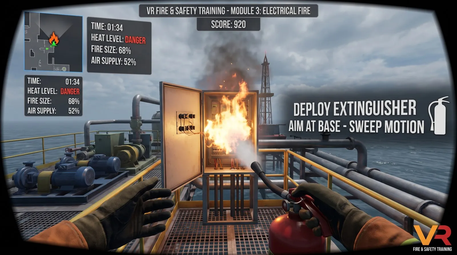 First-person view of AI-coached VR fire-response training on Meta Quest
