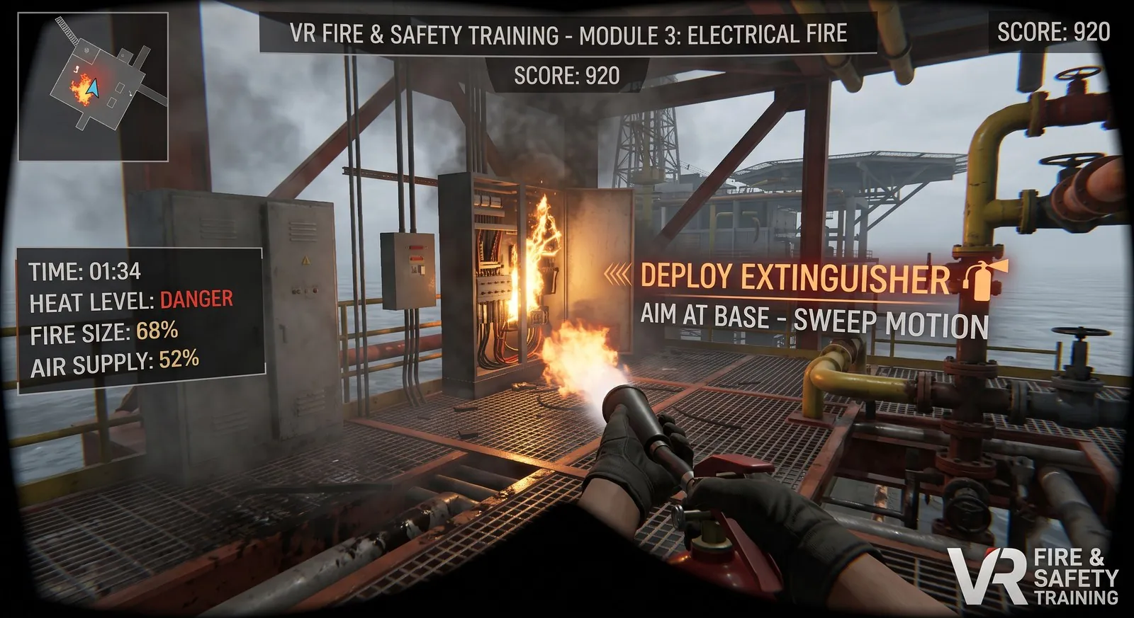 Headset view: electrical fire module with live coaching UI
