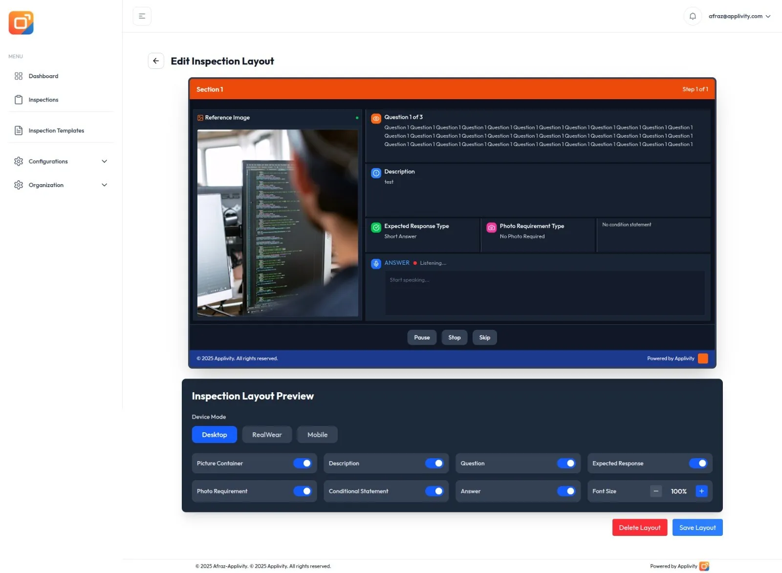 Inspection AI layout editor with live voice capture